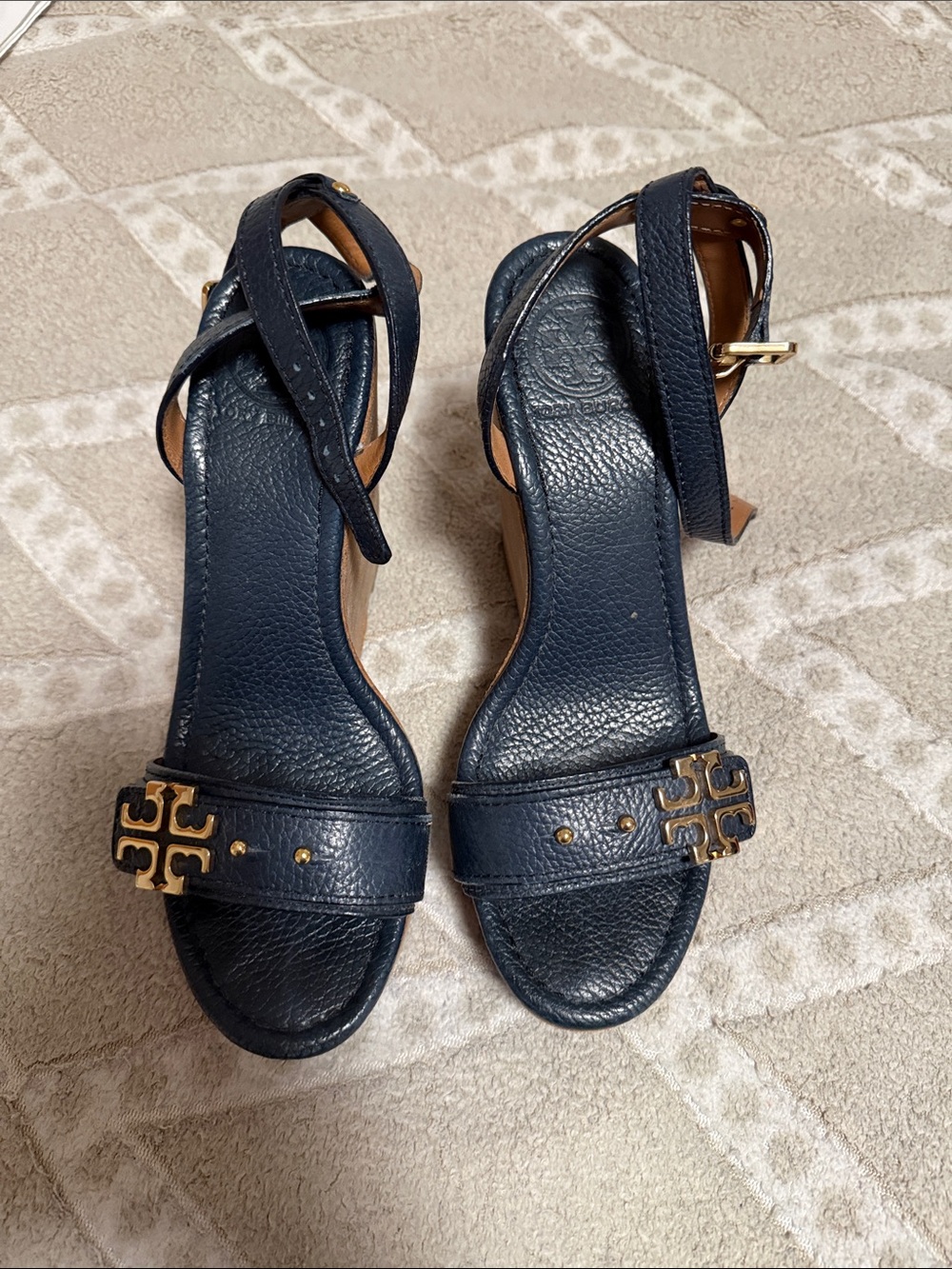 Tory Burch Navy Leather Crisscross Ankle-Strap Heels with Gold Logo